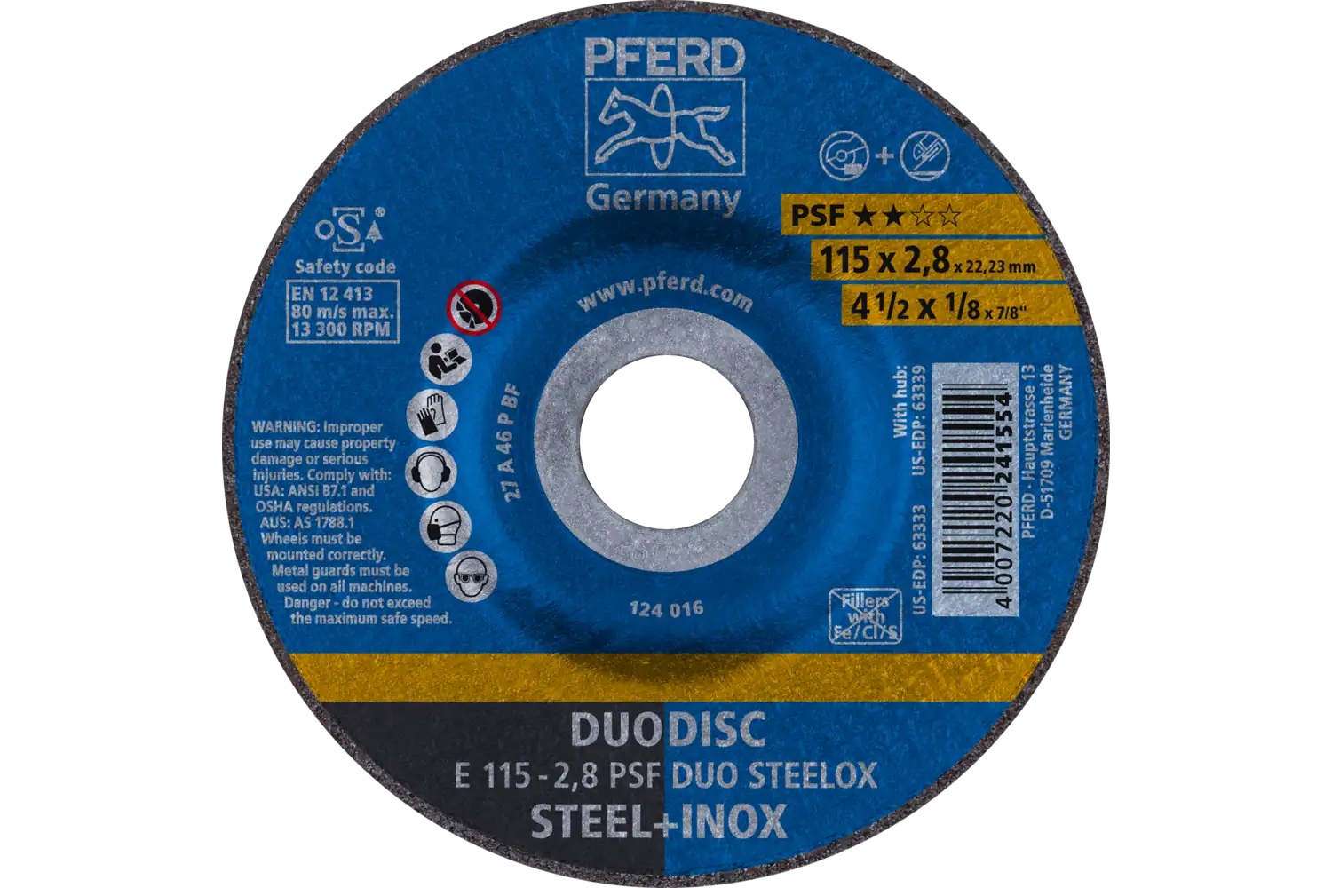 Picture of Pferd Combination Wheel, 4-1/2" X 1/8 X 7/8, Psf Duodisc Steelox, T27, Aluminum Oxide